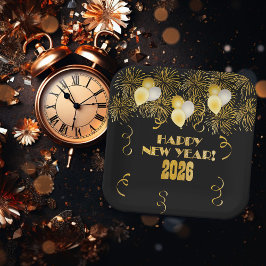 Plato De Papel 2026 Black Gold Glitter New Year's Eve Party