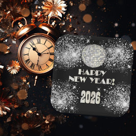 Plato De Papel 2026 Black Silver Glitter New Year's Eve Party
