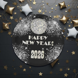 Plato De Papel 2026 Black Silver Glitter New Year's Eve Party