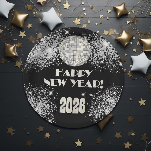 Plato De Papel 2026 Black Silver Glitter New Year's Eve Party  (Subido por el creador)