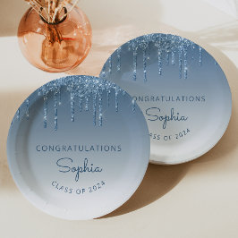 Plato De Papel 2026 Graduación Personalizada con Brillo Azul Drip