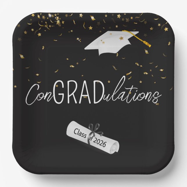 Plato De Papel 2026 Graduation Gold Confetti and Cap (Anverso)