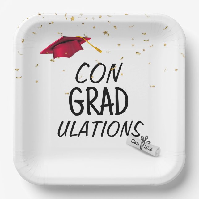 Plato De Papel 2026 Graduation Gold Confetti and Red Cap (Anverso)