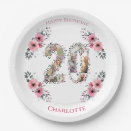 Plato De Papel 20.º Collage de fotos de cumpleaños, niña de flor