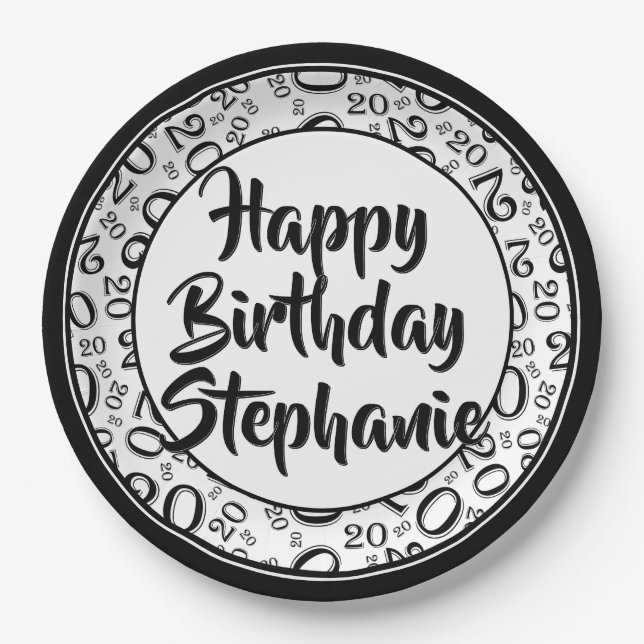 Plato De Papel 20.º patrón de número aleatorio de Fiesta negro/bl (Anverso)