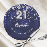 Plato De Papel 21.ª festividad de las estrellas de plata azul mar<br><div class="desc">Para una celebración de 21 años. Un color de fondo azul marino con estrellas falsas de plata. El color azul es desigual. Añade tu nombre,  texto.</div>