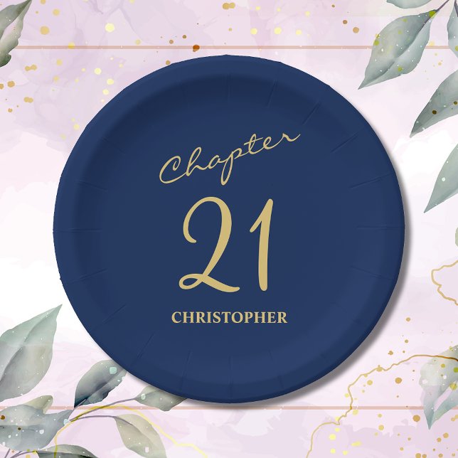 Plato De Papel 21.ª festividad de oro azul Capítulo 21 (Make your loved one's 21st birthday celebration memorable with our stunning Blue Gold paper plates)