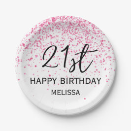 Plato De Papel 21.ª Purpurina ardiente y de color rosado cumpleañ