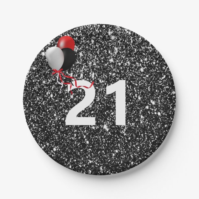 Plato De Papel 21.ª Purpurina negra y globos (Anverso)