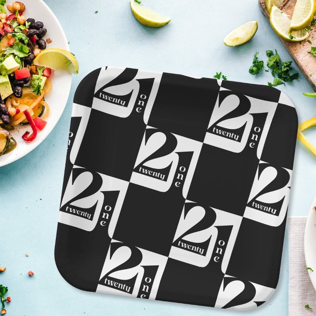 Plato De Papel 21 Aniversario del Patrón Blanco Negro (Subido por el creador)