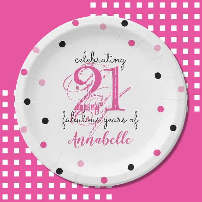 Plato De Papel 21 cumpleaños 21 años fabulosos Añadir nombre polk (Depiction of Front of Paper Plate)