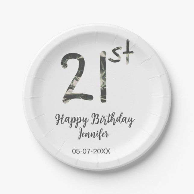 Plato De Papel 21 cumpleaños añadir nombre fecha año negro planti (Anverso)