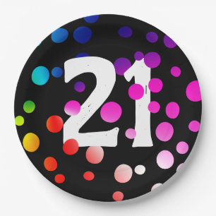 Plato De Papel 21 cumpleaños con puntos arcoiris en negro