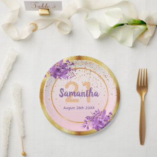 Plato De Papel 21 cumpleaños fiesta rosa oro morado nombre
