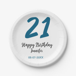 Plato De Papel 21 cumpleaños negrita letra azul simple mínimo