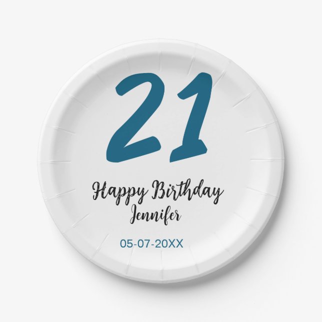 Plato De Papel 21 cumpleaños negrita letra azul simple mínimo (Anverso)