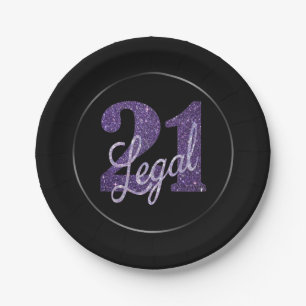 Plato De Papel 21 y legal   Purple Faux Purpurina 21º cumpleaños