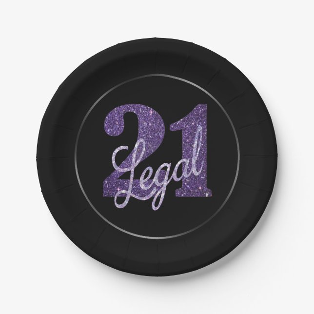 Plato De Papel 21 y legal | Purple Faux Purpurina 21º cumpleaños (Anverso)