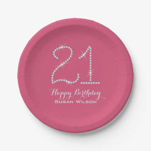 Plato De Papel 21ro cumpleaños del falso diamante de imitación