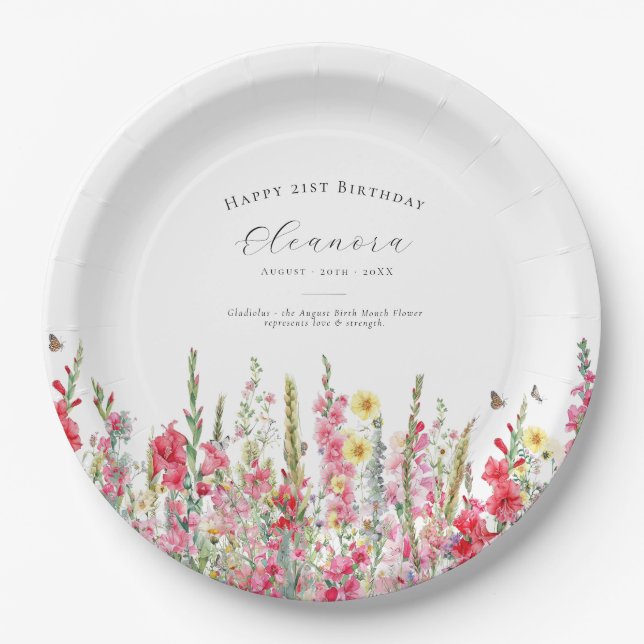 Plato De Papel 21st Birthday August Birth Flower Party Supplies (Anverso)