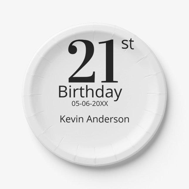 Plato De Papel 21st birthday bold letter name date simple man boy (Anverso)