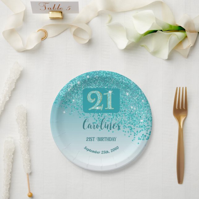 Plato De Papel 21st Birthday Party Sparkle Teal Blue Glitter (Boda)