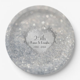 Plato De Papel 25º aniversario del Boda Sparkle Silver Heart