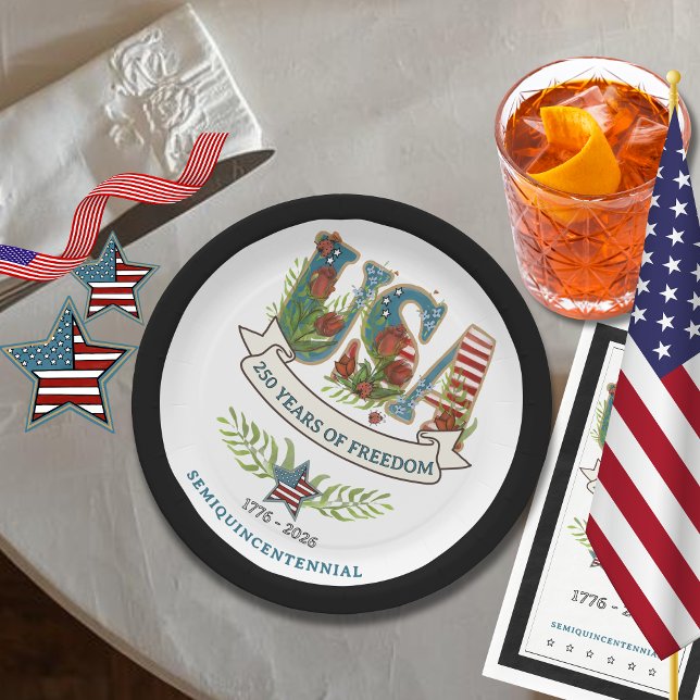 Plato De Papel 250 Years of Freedom Chic Patriotic Black Border (250 Years of Freedom Chic Patriotic Black Border Paper Plates)