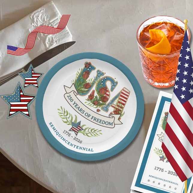 Plato De Papel 250 Years of Freedom Elegant Patriotic Blue Border (250 Years of Freedom Elegant Patriotic Blue Border Paper Plates)