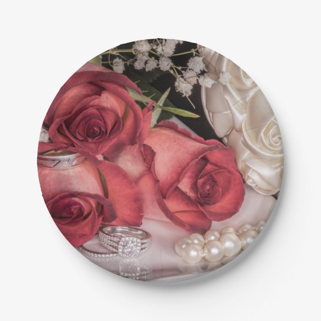 Plato De Papel 2586-Rosas Bodas rojos y blancos con anillos, perl (Anverso)
