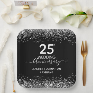 Plato De Papel 25° Aniversario Boda Faux Purpurina