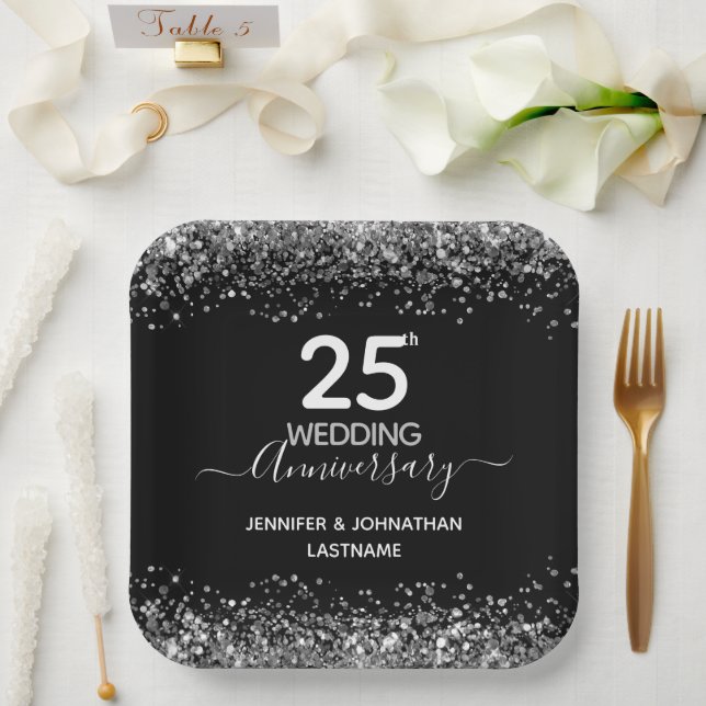 Plato De Papel 25° Aniversario Boda Faux Purpurina (Boda)