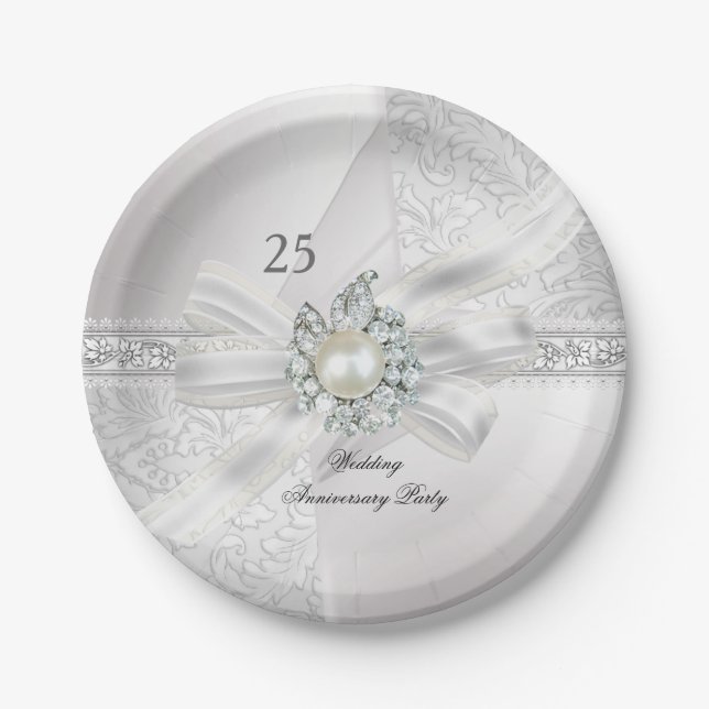 Plato De Papel 25° aniversario Boda Fiesta Pearl White Silver (Anverso)