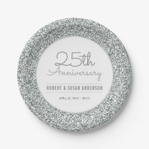 Plato De Papel 25° Aniversario Boda Purpurina Faux Silver