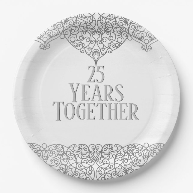 Plato De Papel 25 Aniversario De Plata Lace On White (Anverso)