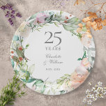 Plato De Papel 25° Aniversario de Plata Rosas de la vegetación fl<br><div class="desc">Con una delicada garland floral acuarela,  esta placa de papel botánico para el 25º aniversario boda de la moda puede ser personalizada con su información especial del aniversario de plata en un elegante texto plateado. Diseñado por Thisisnotme©</div>