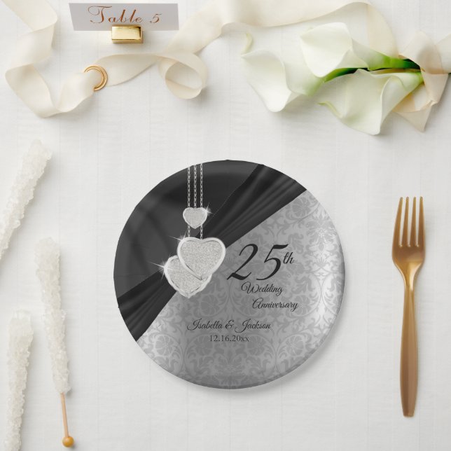 Plato De Papel 25° Aniversario del Boda Plata y Negro (Boda)