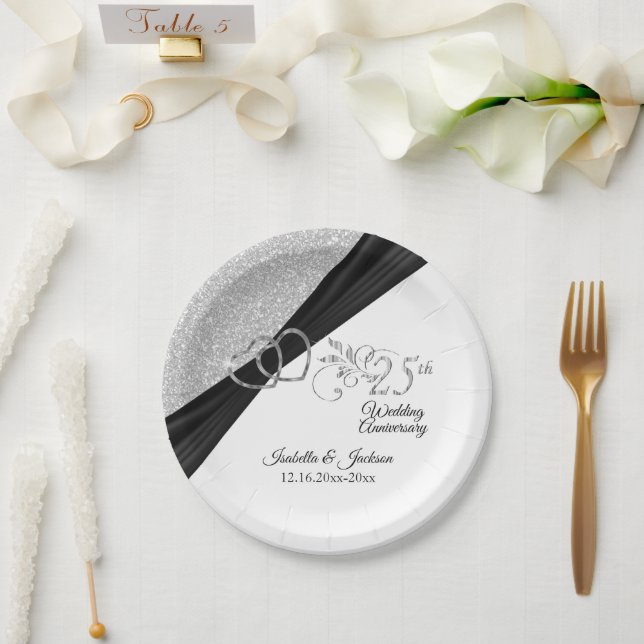 Plato De Papel 25° Aniversario del Purpurina de Plata (Boda)