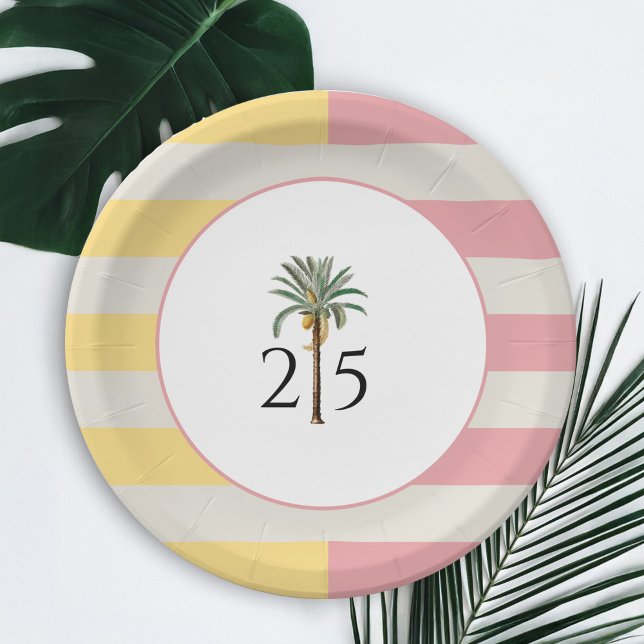 Plato De Papel 25th Birthday Palm Beach Tropical Pastel Stripe (Subido por el creador)