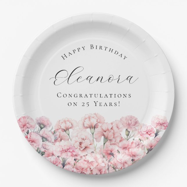 Plato De Papel 25th Birthday Pink Carnation January Birth Flower (Anverso)