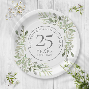 Plato De Papel 25th Silver Anniversary Watercolor Greenery Floral