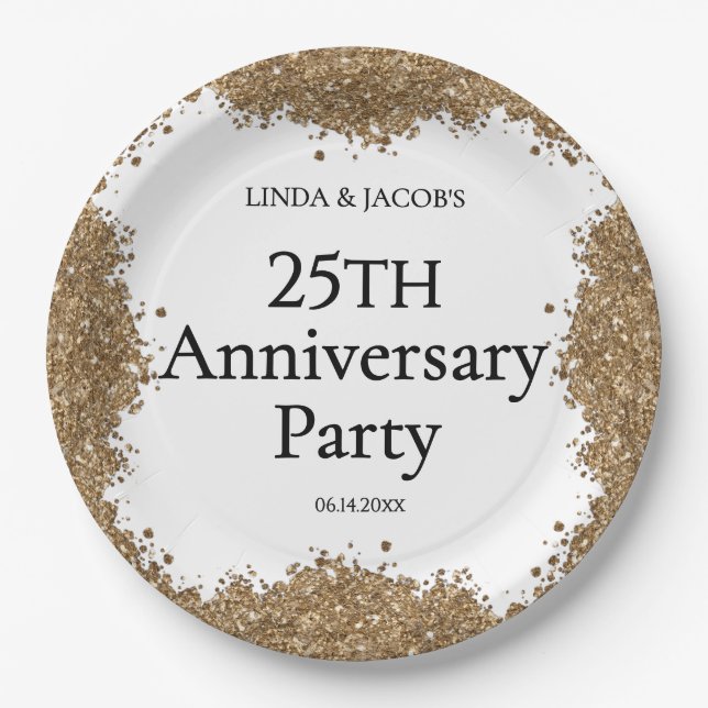 Plato De Papel 25th Wedding Anniversary Gold Faux Glitter  (Anverso)