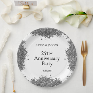 Plato De Papel 25th Wedding Anniversary Silver Faux Glitter