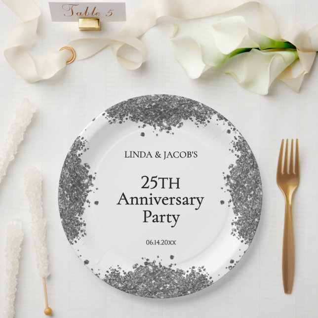 Plato De Papel 25th Wedding Anniversary Silver Faux Glitter  (Boda)