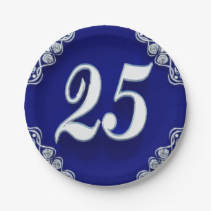 Plato De Papel 25to Azul de plata real del cumpleaños o del