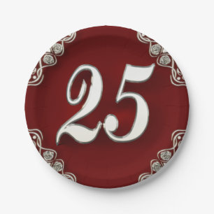 Plato De Papel 25to Cumpleaños o plata real y rojo del