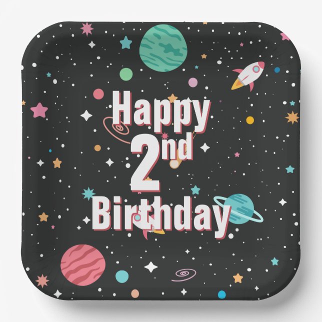 Plato De Papel 2.º Aniversario de los Cohetes y Planetas (Anverso)