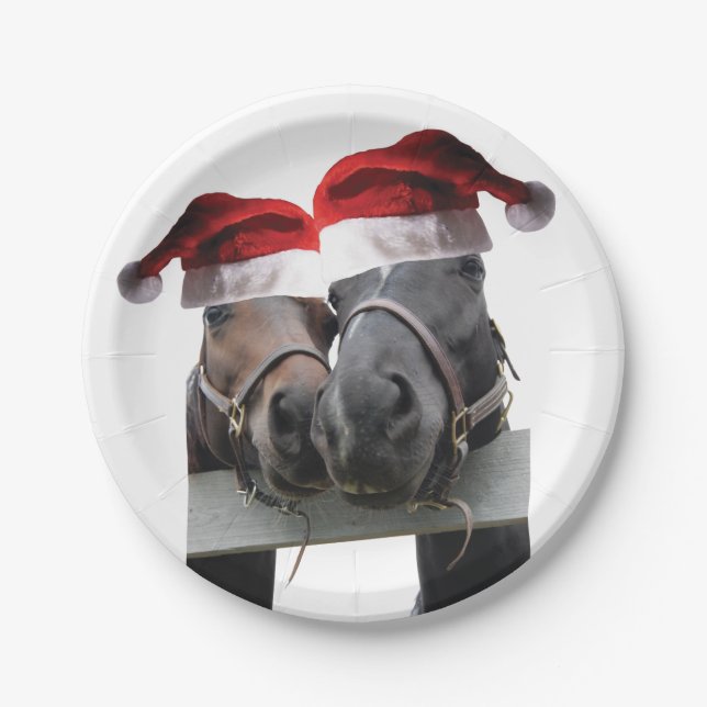 Plato De Papel 2 caballos con Gorras de Santa Claus (Anverso)