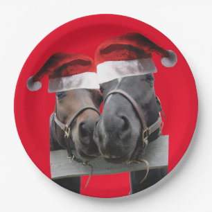 Plato De Papel 2 caballos con Gorras de Santa Claus para Navidade