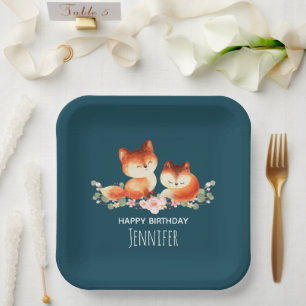 Plato De Papel 2 Cuto Little Red Foxes Watercolor Design Cumpleañ